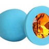 Голубая силиконовая анальная пробка с оранжевым кристаллом - 9,5 см.