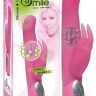 Розовый вибратор Smile Pearl Bunny с загнутой головкой и клиторальным зайчиком - 26 см.