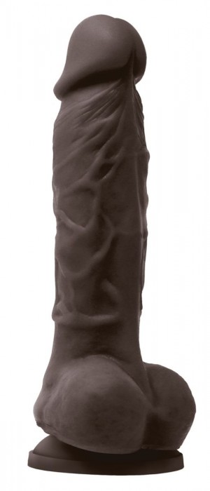 Коричневый силиконовый фаллоимитатор с мошонкой Pleasures 5 Dildo - 18 см.