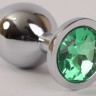 Серебристая анальная пробка с зеленым стразом - 9,5 см.