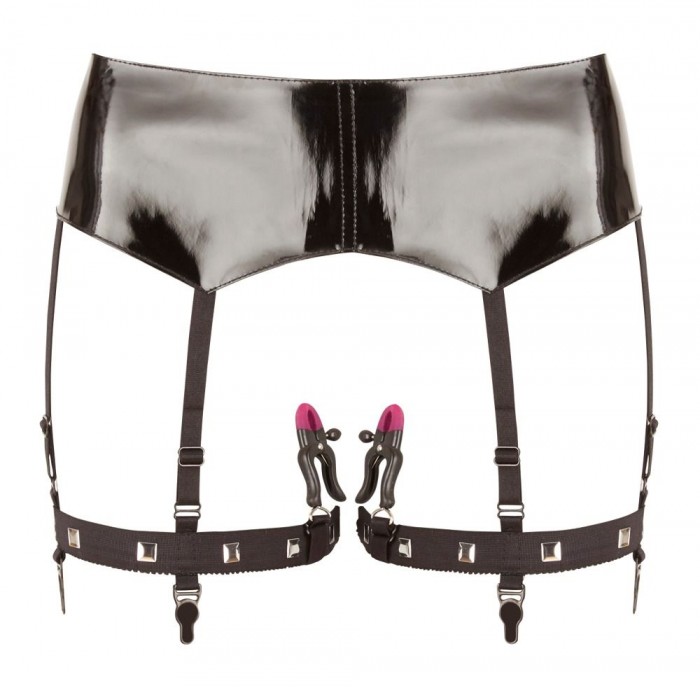 Черная сбруя на бедра с зажимами для половых губ Suspender Belt with Clamps
