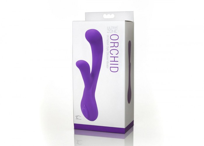 Фиолетовый вибратор с клиторальным отростком UltraZone Orchid 9X Rabbit Style Silicone Vibrator - 21,6 см.