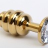 Золотистая рифлёная пробка с прозрачным стразом - 8,2 см.