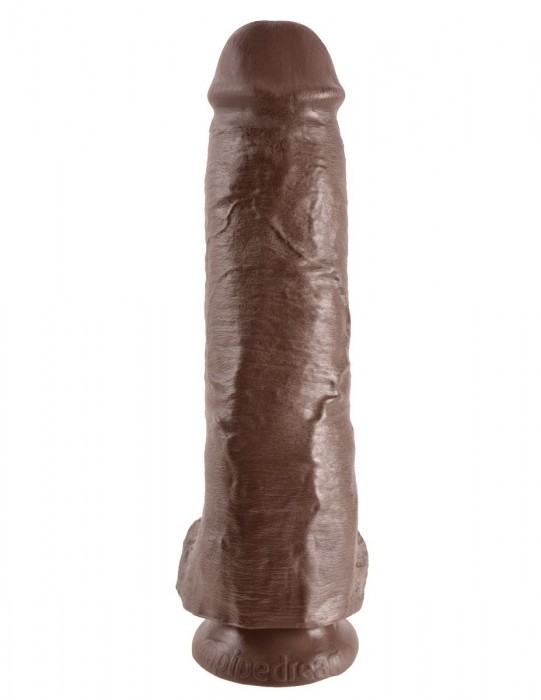 Коричневый фалоимитатор-гигант на присоске 11  Cock with Balls - 28 см.