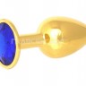Золотистая анальная пробка с синим кристаллом - 7 см.