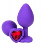 Фиолетовая силиконовая анальная пробка с красным стразом-сердцем - 10,5 см.