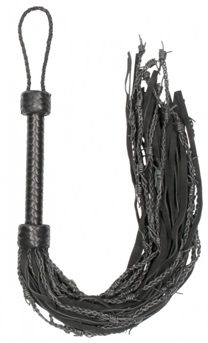Черная многохвостая плетеная плеть Leather Suede Barbed Wired Flogger - 76 см.