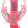 Розовый вибратор с вращающимися шариками и двумя отростками-зайцами - 25 см.