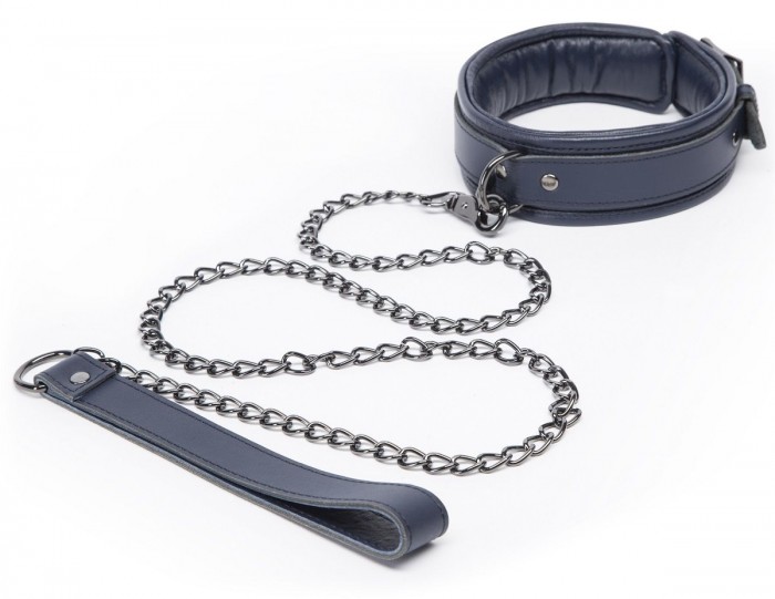 Тёмно-синий кожаный ошейник с поводком DARKER LIMITED COLLECTION COLLAR   CHAIN