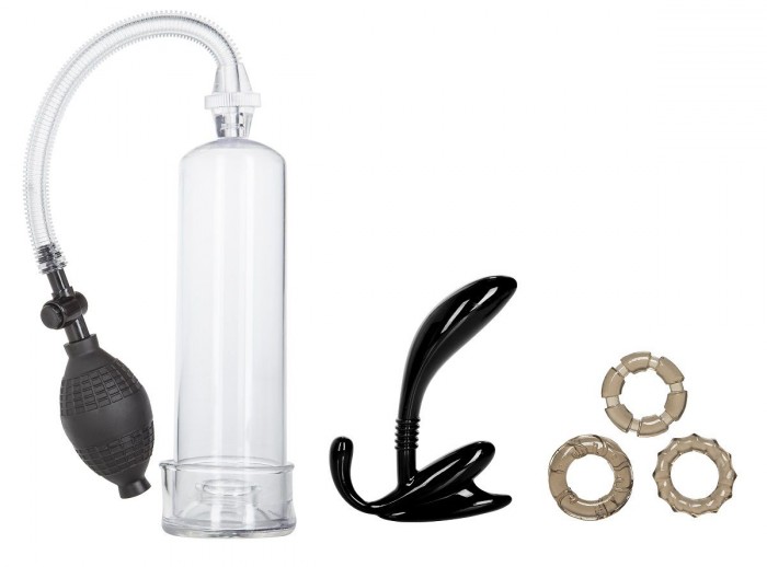 Мужской набор для любовных игр HIS ESSENTIAL PUMP KIT: анальный массажер, помпа, кольца на пенис