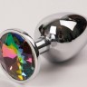 Серебряная металлическая анальная пробка с радужным стразиком - 9,5 см.