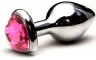 Гладкая серебристая втулка с розовым кристаллом-сердечком - 7,6 см.