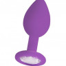Фиолетовая анальная пробка OUCH! Regular Diamond Butt Plug с прозрачным кристаллом - 7,3 см.