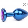 Коническая синяя анальная втулка с кристаллом фиолетового цвета - 9,3 см.