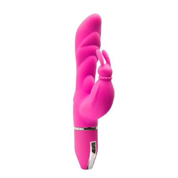 Розовый вибратор с клиторальным зайчиком PURRFECT SILICONE DELUXE DUO VIBE PINK - 18 см.