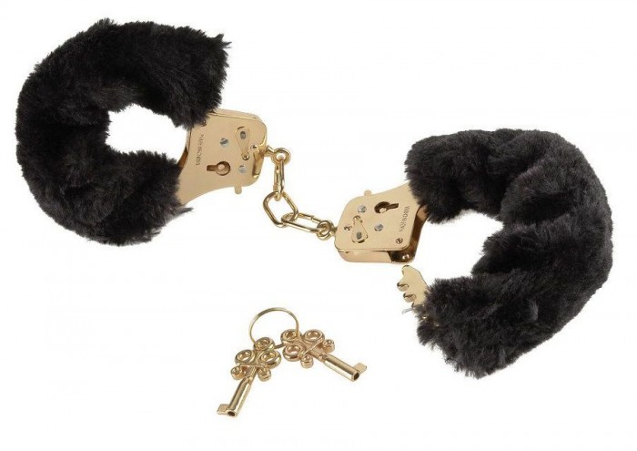 Наручники с чёрной меховой опушкой GOLD DELUXE FURRY CUFFS