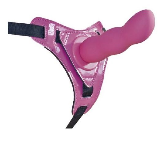 Розовый страпон на трусиках Curved Dong - 13,5 см.
