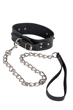 Чёрный кожаный ошейник Leather Collar с металлической цепью