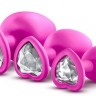 Набор розовых анальных пробок с прозрачным кристаллом-сердечком Bling Plugs Training Kit