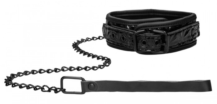 Черный широкий ошейник с поводком Luxury Collar with Leash