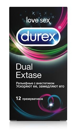 Рельефные презервативы с анестетиком Durex Dual Extase - 12 шт.